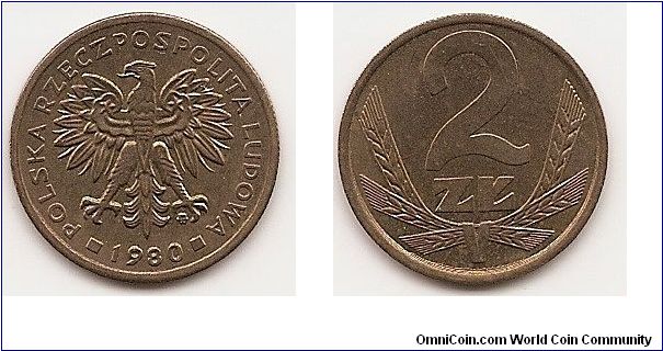 2 Zlote
Y#80.1
3.0000 g., Brass, 21 mm. Obv: Eagle with wings open Rev:
Value above design Edge: Reeded