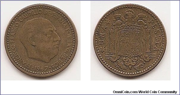 1 Peseta
KM#775
Aluminum-Bronze, 21 mm. Ruler: Francisco Franco, caudillo
Obv: Head right Rev: Crowned shield within eagle flanked by pillars
with banner Edge: Reeded Note: Mint mark: 6-pointed star