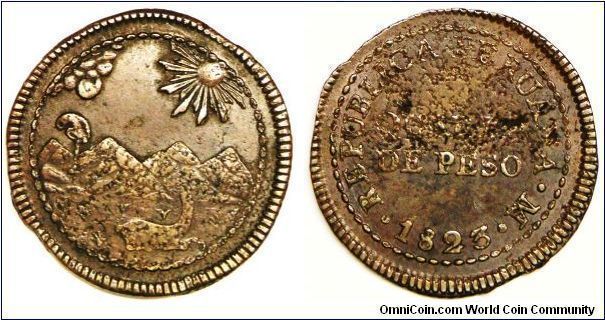 Provisional Coinage, Republican, 1/4 Peso (Quarto De; 2 Reales), 1823. Copper. Mint: Lima. Temporary coinage during the struggles for independence against the Spanish rule. Note: The porous surface appears on both sides, especially on the Reverse side because this type of coins were struck on very crude copper planchet with porous, but not the problem of either the coin/die itself. Crudely struck EF. Scarce ( condition).