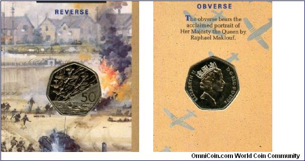 50p
50th anniversary of the Normandy Landings (D-Day)
Designed by John W Mills 
An invasion force of ships and planes 
Portrait of Queen Elizabeth II by Raphael Maklouf