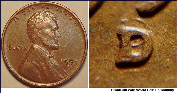 1954D Lincoln Cent, Re-punched Mint Mark, D/D/D, A well defined punch to the north and another punch to the south of the primary mint mark