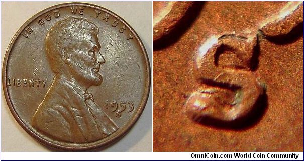1953S Lincoln Cent, Re-punched Mint Mark, Strong secondary mint mark to the north of the primary