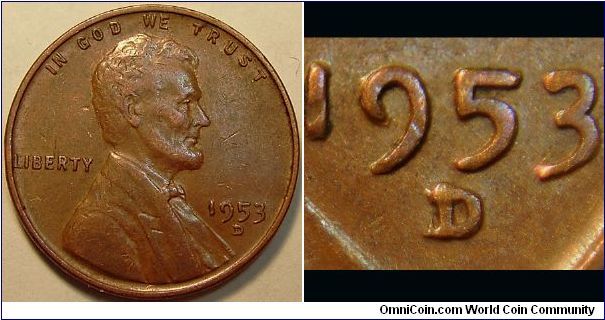 1953D Lincoln Cent, Re-punched Mint Mark, secondary punch west of the primary mint mark