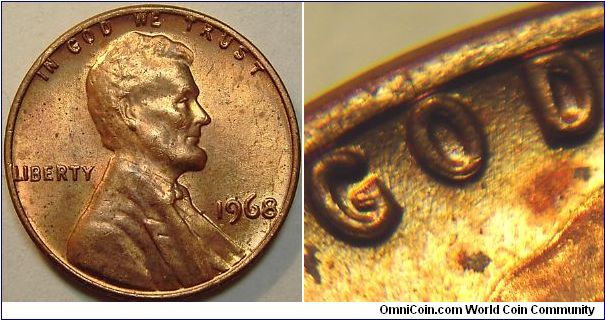 1968 Lincoln Cent, Doubled Die Obverse, Class 2 doubling of the motto and date