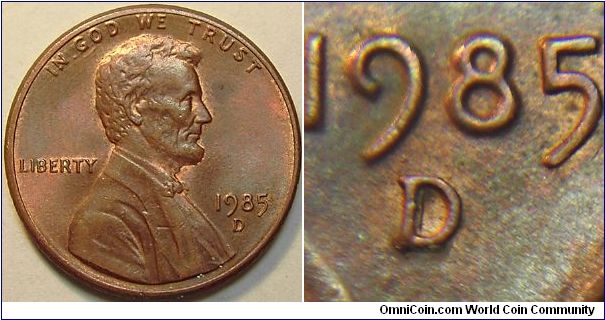 1985D Lincoln Cent, Re-punched Mint Mark, Shown as a strong secondary vertical bar inside and to the southeast of the primary mint mark .
