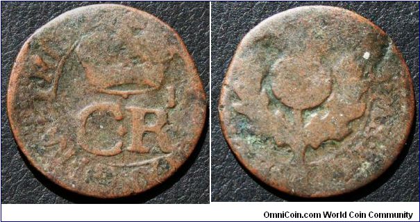 Scottish Charles II (1649-1685) Scottish copper Turner or Bodle (twopence) 1663 issue.  19mm.