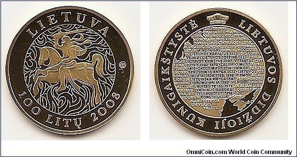 100 litas 
KM#156
Coin from the series dedicated
to the millennium of the mention
of the name of Lithuania
Gold Au 999.9
Quality proof 
Diameter 22.30 mm
Weight 7.78 g 
The words on the edge of the coin:
MILLENNIUM OF THE NAME OF LITHUANIA
Designed by
Liudas Parulskis and Giedrius Paulauskis 
Mintage 10 000 pcs
Issue 30.09.2008
The coin was minted at the UAB Lithuanian Mint
