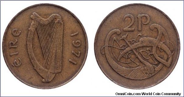 Ireland, 2 pence, 1971, Bronze, Stylized bird, Harp.                                                                                                                                                                                                                                                                                                                                                                                                                                                                