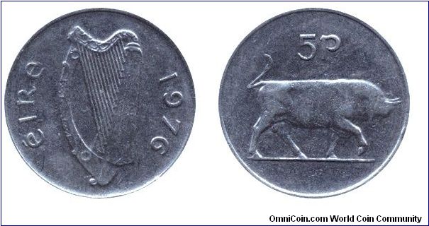 Ireland, 5 pence, 1976, Cu-Ni, Bull, Harp.                                                                                                                                                                                                                                                                                                                                                                                                                                                                          