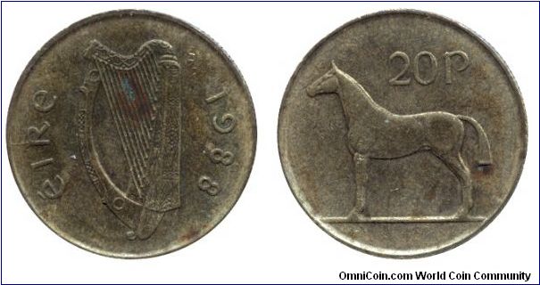 Ireland, 20 pence, 1988, Ni-Bronze, Horse, Harp.                                                                                                                                                                                                                                                                                                                                                                                                                                                                    