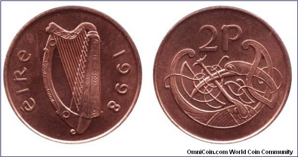 Ireland, 2 pence, 1998, Cu-Steel, Stylized Bird, Harp.                                                                                                                                                                                                                                                                                                                                                                                                                                                              