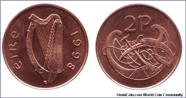 Ireland, 2 pence, 1998, Cu-Steel, Stylized Bird, Harp.                                                                                                                                                                                                                                                                                                                                                                                                                                                              