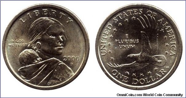 USA, 1 dollar, 2000, Native American woman with her child, Eagle.                                                                                                                                                                                                                                                                                                                                                                                                                                                   