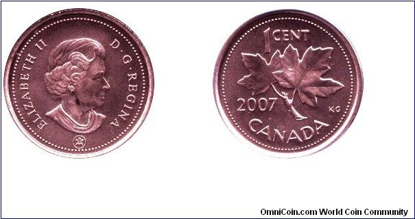 Canada, 1 cent, 2007, Maple twig, Queen Elizabeth II, new mint mark.                                                                                                                                                                                                                                                                                                                                                                                                                                                