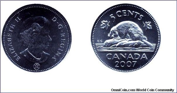 Canada, 5 cents, 2007, Beaver, Queen Elizabeth II, new mint mark.                                                                                                                                                                                                                                                                                                                                                                                                                                                   