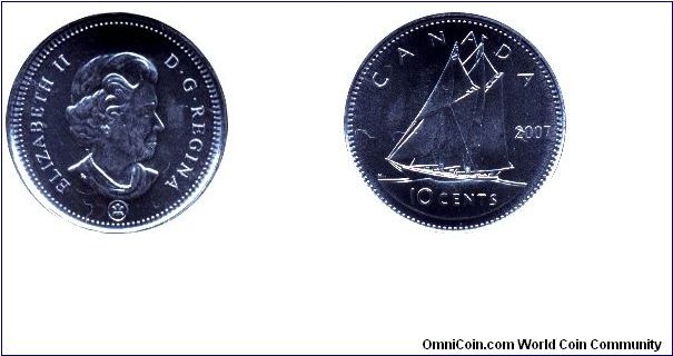 Canada, 10 cents, 2007, Scooner, Queen Elizabeth II, new mint mark.                                                                                                                                                                                                                                                                                                                                                                                                                                                 