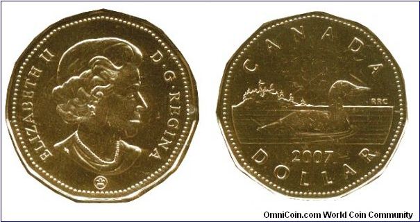 Canada, 1 dollar, 2007, Common Loon, Queen Elizabeth II, new mint mark.                                                                                                                                                                                                                                                                                                                                                                                                                                             