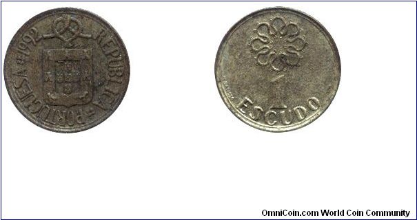 Portugal, 1 escudo, 1992, Ni-Brass.                                                                                                                                                                                                                                                                                                                                                                                                                                                                                 