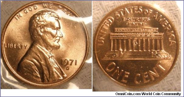 Lincoln One Cent.
Uncirculated Mint Set, 1971S-Mintmark: S (for San Francisco, CA) below the date
