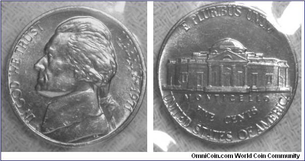 Jefferson Five Cents. Uncirculated Mint Set. 1974-Mintmark: None (for Philadelphia) to the right of the building on the reverse