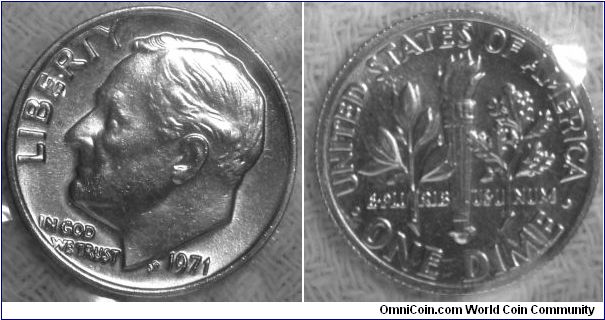Roosevelt One Dime. Uncirculated Mint Set. 1971-Mintmark: None (for Philadelphia, PA) above the date