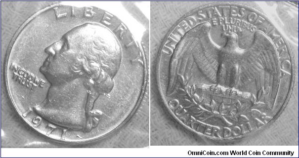 Washington Quarter Dollar, Uncirculated Mint Set. 1971-Mintmark: None (for Philadelphia, PA) on the obverse just right of the ribbon