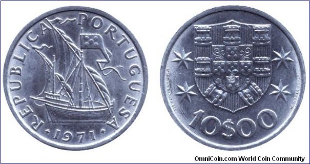 Portugal, 10 escudos, 1971, Cu-Ni-Steel, Ship.                                                                                                                                                                                                                                                                                                                                                                                                                                                                      