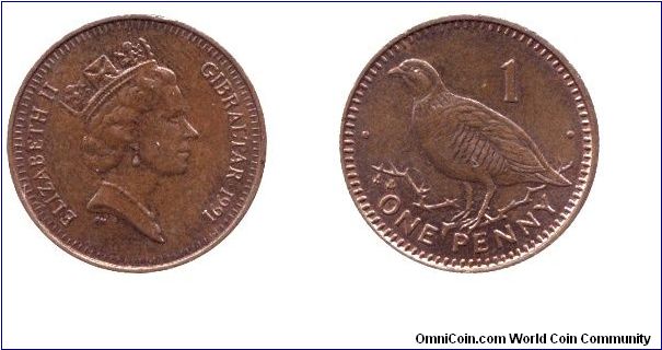 Gibraltar, 1 penny, 1971, Bronze, Barbary Partridge, Queen Elizabeth II.                                                                                                                                                                                                                                                                                                                                                                                                                                            