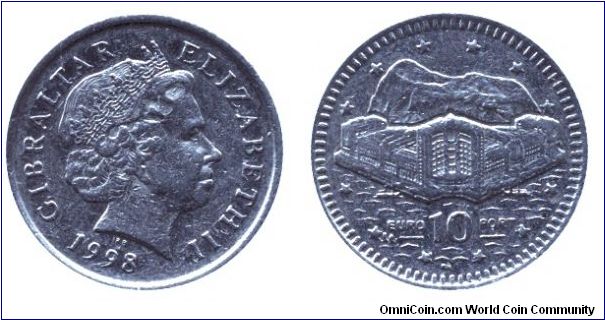 Gibraltar, 10 pence, 1998, Euro Port, Queen Elizabeth II.                                                                                                                                                                                                                                                                                                                                                                                                                                                           