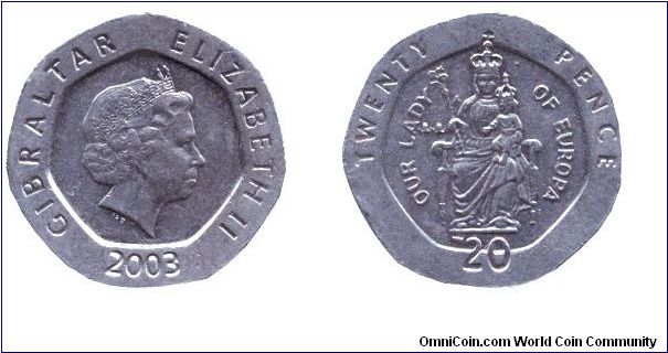 Gibraltar, 20 pence, 2003, Our Lady of Eurpoa, Queen Elizabeth II.                                                                                                                                                                                                                                                                                                                                                                                                                                                  