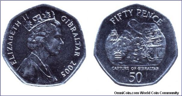 Gibraltar, 50 pence, 2005, Capture of Gibraltar, Queen Elizabeth II.                                                                                                                                                                                                                                                                                                                                                                                                                                                