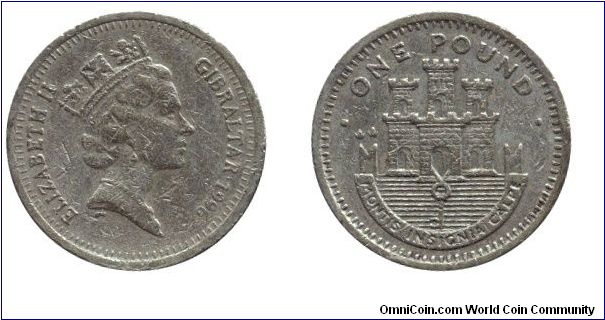 Gibraltar, 1 pound, 1996, Ni-Brass, Montis Insignia Calpe, Queen Elizabeth II.                                                                                                                                                                                                                                                                                                                                                                                                                                      