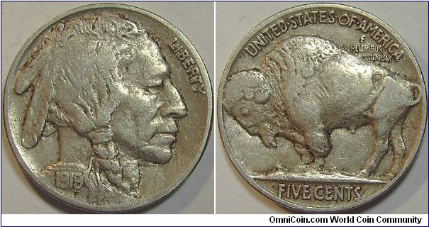 1919 Indian Head (Buffalo) Five Cents, Die Clash, EPU Under Chin