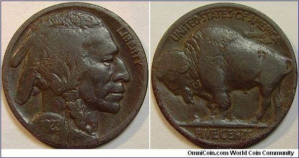 1923 Indian Head (Buffalo) Five Cents, Very Dark Patina