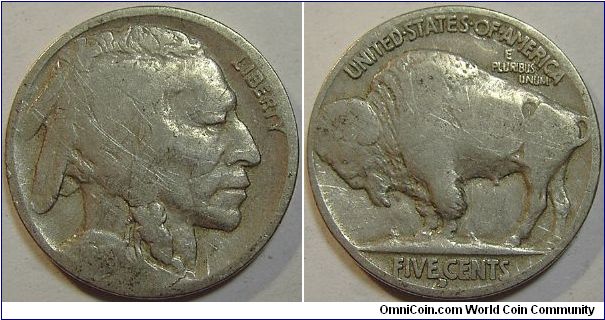 1916D Indian Head (Buffalo) Five Cents, Light Scratches
