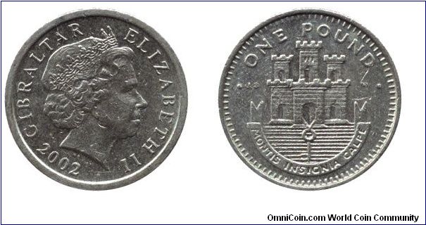 Gibraltar, 1 pound, 2002, Ni-Brass, Montis Insignia Calpe, Queen Elizabeth II.                                                                                                                                                                                                                                                                                                                                                                                                                                      