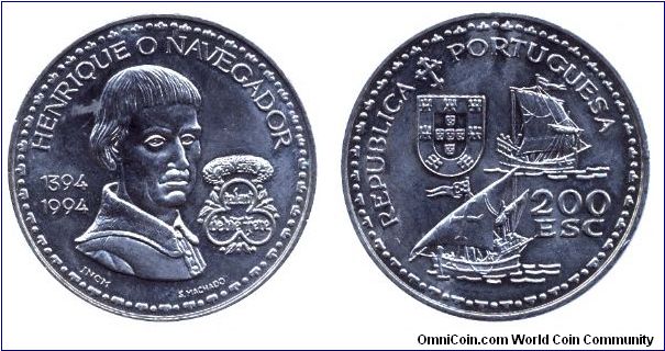 Portugal, 200 escudos, 1994, Cu-Ni, 1394-1994, Henrique o Navegador.                                                                                                                                                                                                                                                                                                                                                                                                                                                