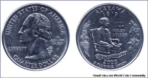 USA, 1/4 dollar, 2003, Cu-Ni, Alabama - 1819. Helen Keller, Spirit of Courage, G. Washington, MM: D.                                                                                                                                                                                                                                                                                                                                                                                                                