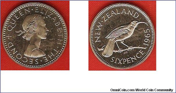 sixpence
Huia bird
Elizabeth II by Mary Gillick
prooflike
copper-nickel