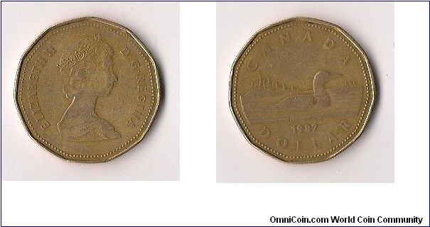 A Canadian 1 dollar coin with a portrait of Elizabeth the 2nd.