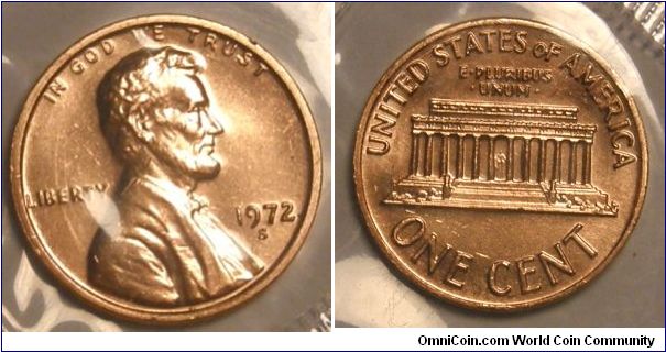 Lincoln One Cent. Uncirculated Mint Set. 1972S-Mintmark: S (for San Francisco, CA) below the date