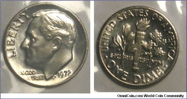 Roosevelt One Dime.
Uncirculated Mint Set. 1972-Mintmark: None (for Philadelphia, PA) above the date