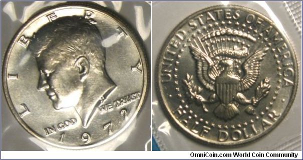 Kennedy Half Dollar. Uncirculated Mint Set.  1972-Mintmark: None (for Philadelphia, PA) centered above the date