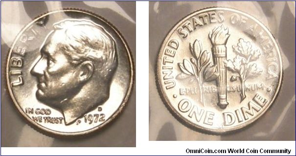 Roosevelt One Dime.Uncirculated Mint Set. 1972D-Mintmark: D (for Denver, CO) above the date
