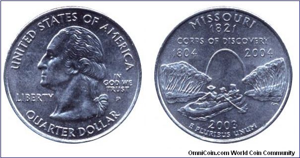 USA, 1/4 dollar, 2003, Cu-Ni, Missouri - 1821, Corps of Discovery, 1804 - 2004, George Washington, MM: P.                                                                                                                                                                                                                                                                                                                                                                                                           