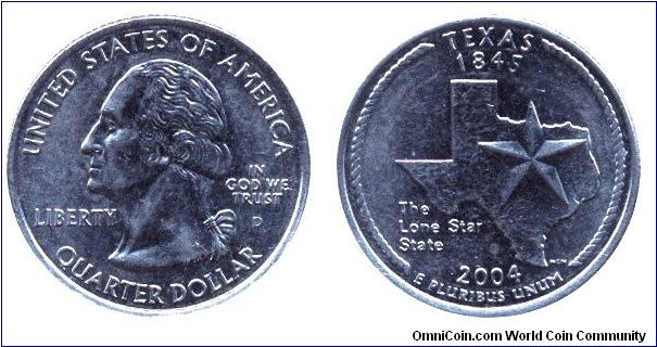 USA, 1/4 dollar, 2004, Cu-Ni, Texas - 1845, The Lone Star State, George Washington, MM: D.                                                                                                                                                                                                                                                                                                                                                                                                                          