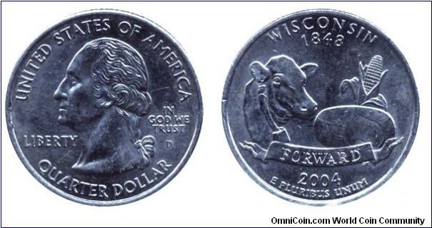 USA, 1/4 dollar, 2004, Wisconsin - 1848, Forward, George Washington, MM: D.                                                                                                                                                                                                                                                                                                                                                                                                                                         