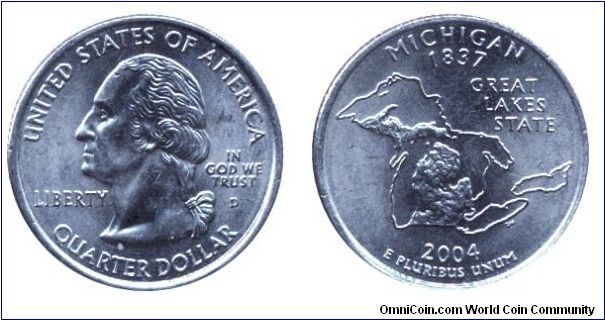 USA, 1/4 dollar, 2004, Cu-Ni, Michigan - 1837, Great Lakes State, George Washington, MM: D.                                                                                                                                                                                                                                                                                                                                                                                                                         