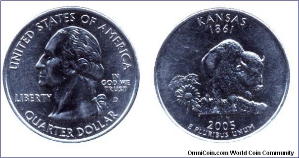 USA, 1/4 dollar, 2005, Cu-Ni, Kansas, 1861, George Washington, MM: D.                                                                                                                                                                                                                                                                                                                                                                                                                                               