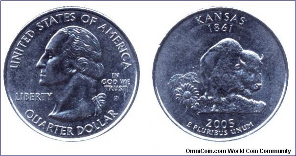 USA, 1/4 dollar, 2005, Cu-Ni, Kansas, 1861, George Washington, MM: P.                                                                                                                                                                                                                                                                                                                                                                                                                                               